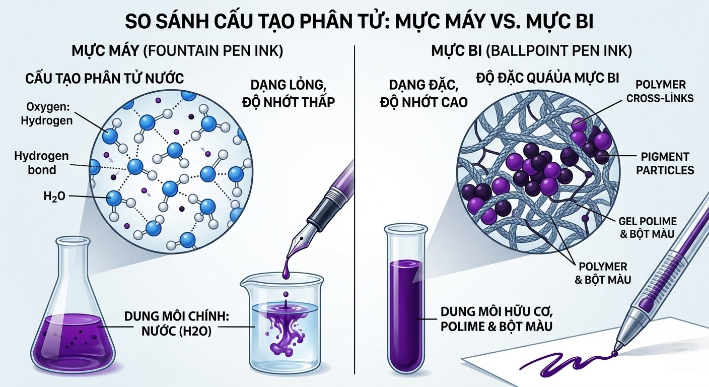 Sự Khác Biệt Giữa Mực Quink Dòng Bi Và Dòng Máy: Bí Mật Đằng Sau Nét Chữ Hoàn Hảo 1 bản chất hóa học khác nhau tạo nên công năng riêng biệt cho từng dòng mực Quink