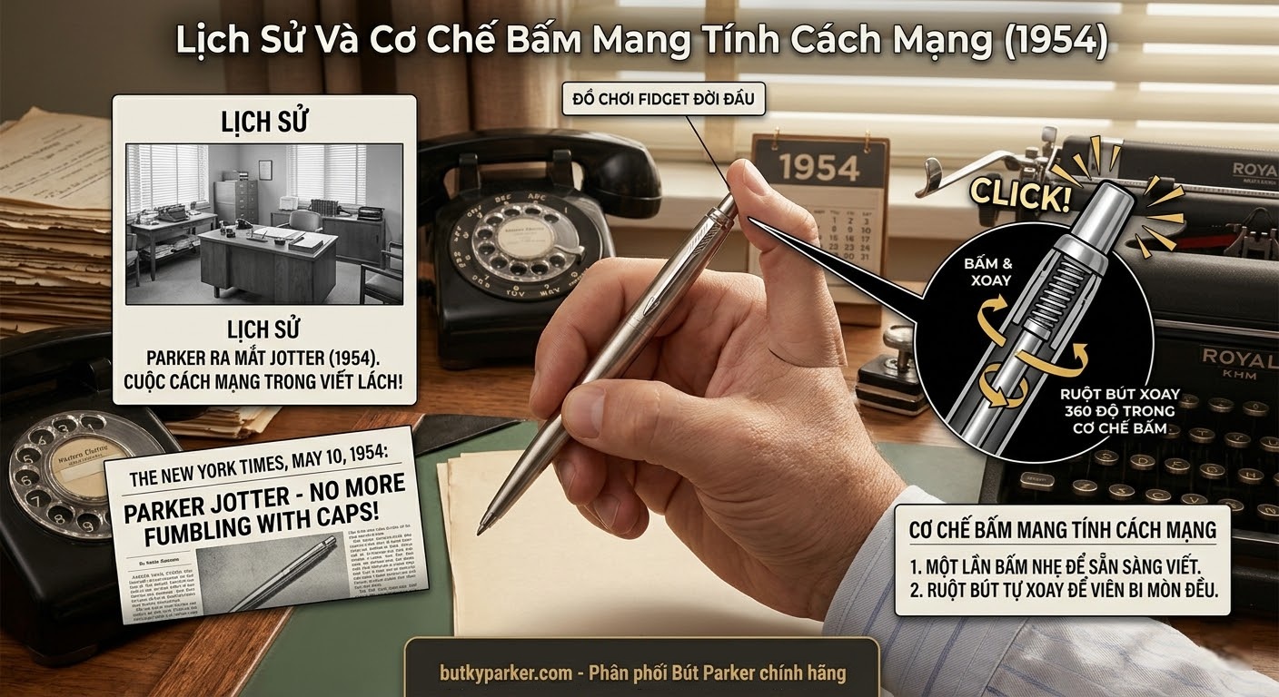 Sự Thật Thú Vị Về Tiếng Click Đặc Trưng Của Bút Parker Jotter 1 lịch sử và cơ chế bấm mang tính cách mạng 1954