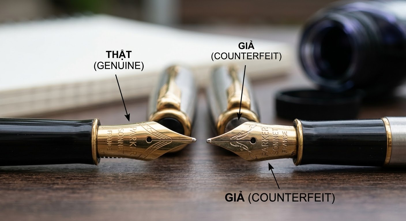 Phân Biệt Parker Sonnet Pháp Và Trung Quốc: Cẩm Nang Tránh Hàng Giả Mạo 2 ngòi bút chính hãng trái sở hữu họa tiết sắc nét, hạt Iridium hoàn hảo so với hàng giả phải