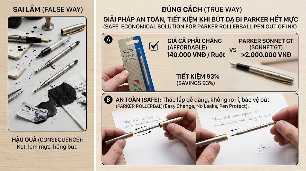 Ruột bút dạ bi Parker có bơm lại mực được không? 2 giải pháp an toàn, tiết kiệm khi bút dạ bi Parker hết mực