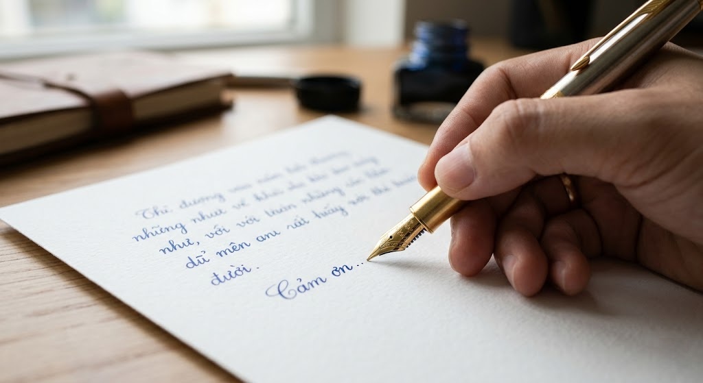 Hướng Dẫn Cách Cầm Bút Máy Chuẩn Công Thái Học, Không Bị Dính Mực Ra Tay 2 góc nghiêng 45-55 độ là điểm ngọt giúp ngòi bút máy lướt đi êm ái và mực ra ướt át nhất.