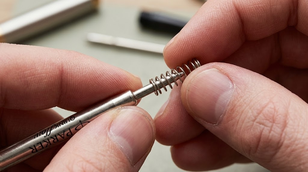 Cách thay ruột bút bi dạ bi Parker chuẩn nhất không bị kẹt 2 lắp đúng chiều lò xo là bước quyết định để bút bi parker bấm xoay hoạt động mượt mà, không bị kẹt