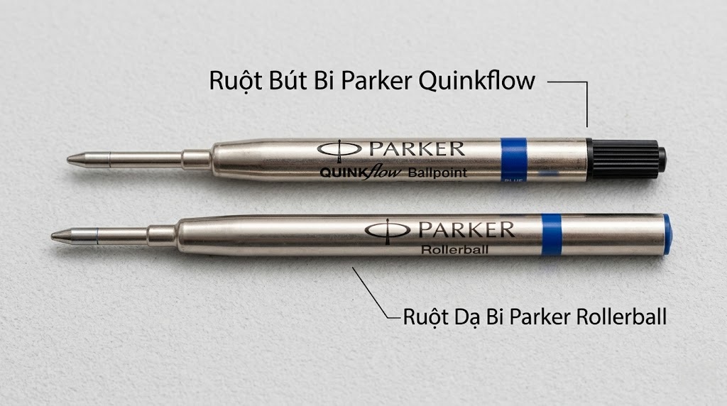 Cách thay ruột bút bi dạ bi Parker chuẩn nhất không bị kẹt 1 ruột bút bi trên thường đi kèm lò xo cho dòng bút bấm xoay, trong khi ruột dạ bi dưới dùng cho dòng bút mở nắp.