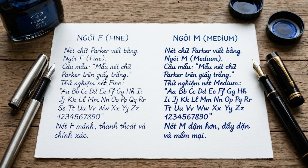 Nên mua bút Parker ngòi F hay ngòi M để ký tên? 2 sự khác biệt rõ rệt về độ dày nét chữ giữa ngòi M trên và ngòi F dưới