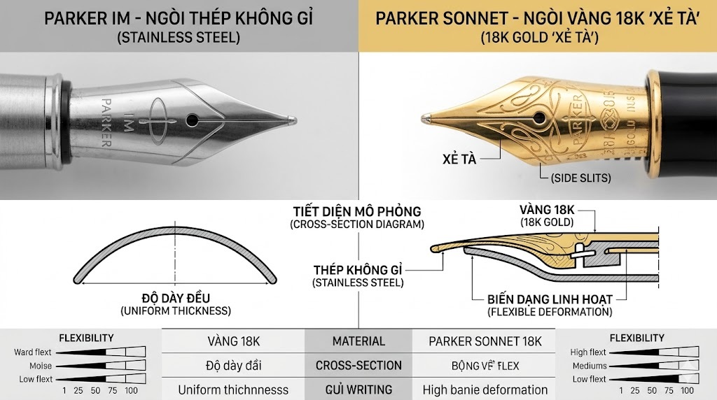 Ngòi bút Parker làm bằng chất liệu gì mà có giá đắt đỏ? 2 sự khác biệt về vật liệu luyện kim tạo ra những nét ký quyền lực và trải nghiệm xúc giác hoàn toàn khác nhau.
