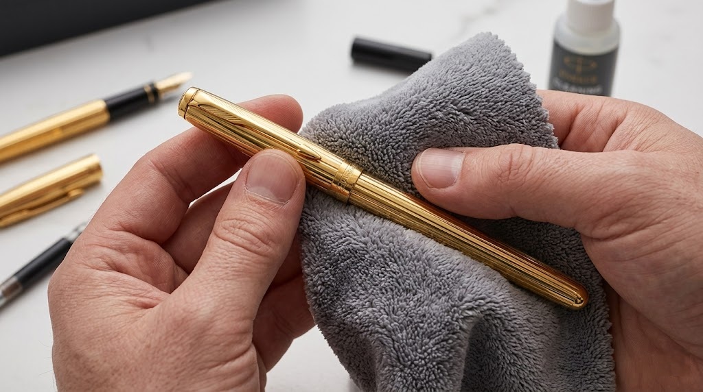 Cách bảo quản bút Parker mạ vàng 23k luôn sáng bóng không bị xỉn màu 1 thói quen lau sạch bút sau khi sử dụng là cách đơn giản nhất để chống lại sự xỉn màu do mồ hôi tay